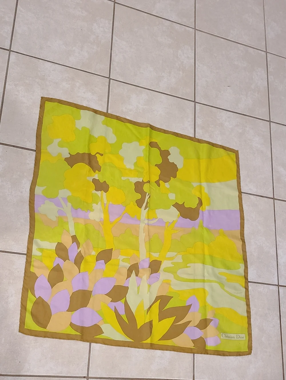 Christian Dior Vintage Floral Silk Scarf Brown Green Yellow Lavender Luxe
